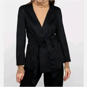 Zara Faux Suede Jacket Black Tie Belt Long Sleeve Wrap Womens XS
